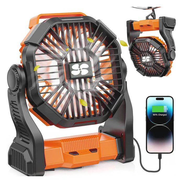 Camping Battery Fan – 10000mAh Rechargeable with LED Light & 4-Speed Wind Control - Samanta Factory