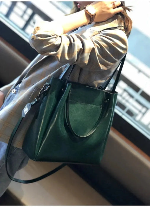 Vintage Cow Leather Shoulder Tote – Women’s Ruched Handbag SF