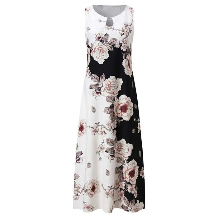 Bohemian Maxi Dress – Sleeveless Floral Print with Loose Swing Silhouette