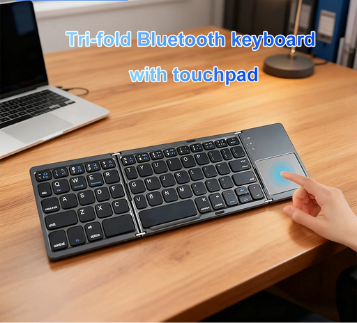 Tri-fold portable Bluetooth keyboard with built-in touchpad 81 keys magnetic closure 35 hour battery 3 device switching for iOS Android Windows tablet phone and laptop