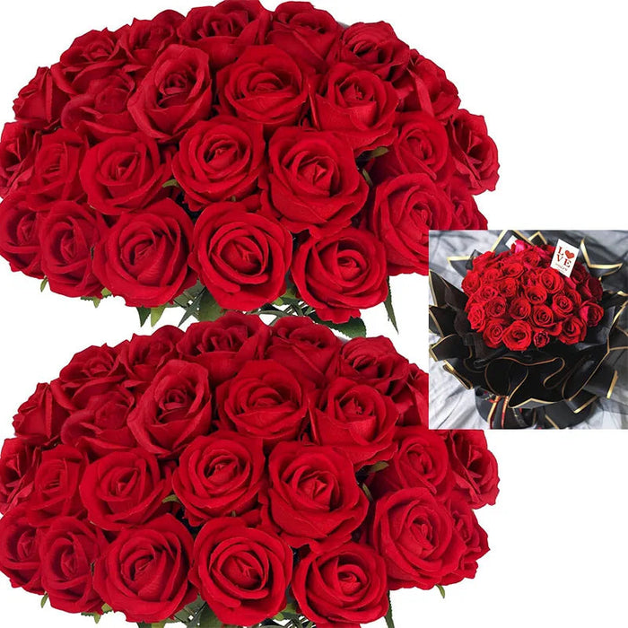 Velvet Artificial Roses – Real Touch 50PCS Bouquet for DIY & Decor Samanta Factory