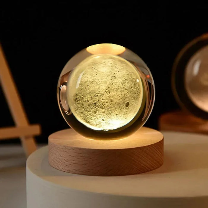 Glowing Crystal Ball Night Light – 3D Solar System LED Lamp with Wooden Base