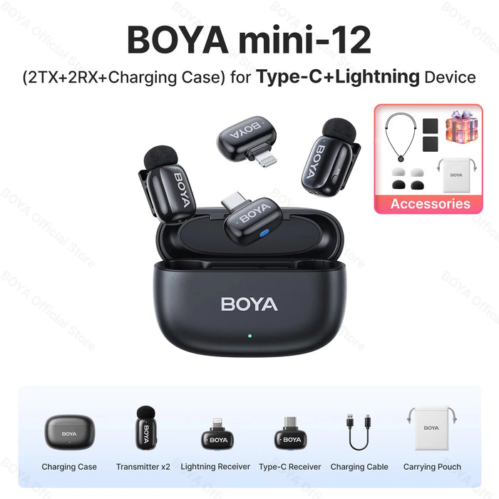 BOYA Mini Wireless Microphone – 2.4GHz Lavalier Mic with Charging Case for iPhone & Android