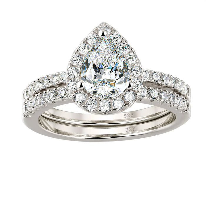 Pear Cut Bridal Ring Set – Sterling Silver With Halo Zircon Shine