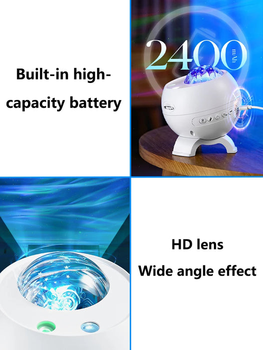 Galaxy Light Projector – 360° Dream Aurora Star & Moon Lamp with Bluetooth, White Noise & Rechargeable Battery