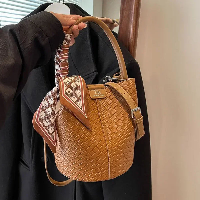 PU Leather Knitted Bucket Bag – Soft Casual Messenger Handbag for Women - Samanta Factory