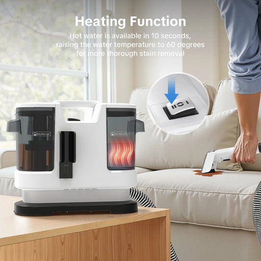 Hot water extraction carpet cleaner machine with 1.75L dual tank, 15kPa suction, and 5-metre cord for deep cleaning carpets and upholstery