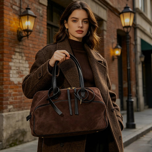 Women's genuine cowhide leather large capacity tote bag with suede velvet finish zipper closure multi pocket interior cotton lining single shoulder strap for commuting work travel and everyday luxury use