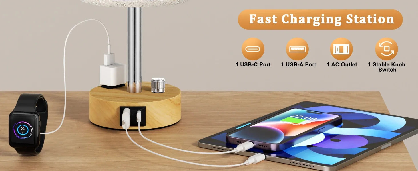 Bedside Table Lamp – Dimmable Lighting with USB-A & USB-C Charging Ports