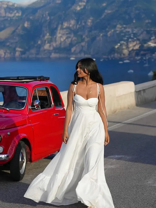 A-line Strap Long Dress – Square Neck & Backless Design