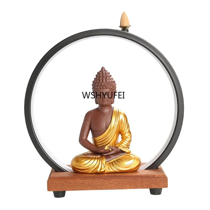 Ceramic Sakyamuni Buddha backflow incense burner with LED lamp and waterfall smoke effect for meditation and home décor.