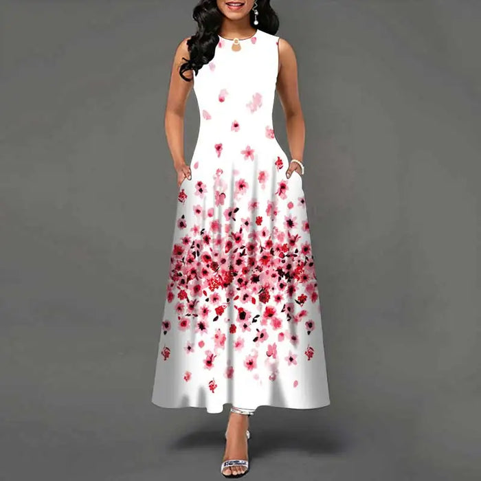 Bohemian Maxi Dress – Sleeveless Floral Print with Loose Swing Silhouette