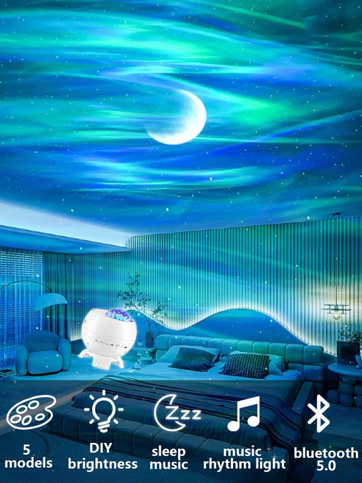 Galaxy Light Projector – 360° Dream Aurora Star & Moon Lamp with Bluetooth, White Noise & Rechargeable Battery