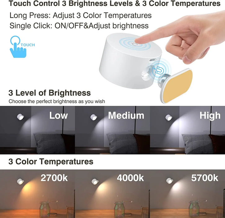 Rechargeable LED Wall Light – Touch Control with 3 Colour Modes & Adjustable 360° Rotation