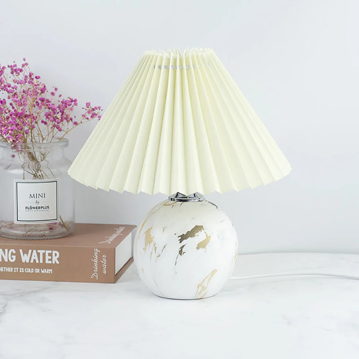 Korean Table Lamp – Vintage Pleated Fabric Shade with Ceramic Base