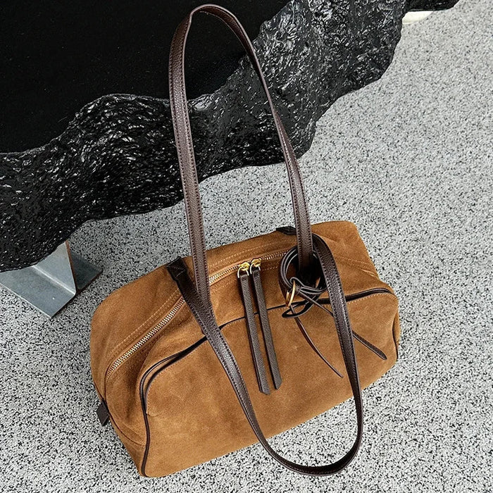 Women's Genuine Cowhide Leather Tote Bag – Large Capacity Suede Velvet Shoulder Handbag SF