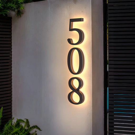 Modern LED backlit house number light in brushed stainless steel and acrylic waterproof illuminated address plaque sign for outdoor home hotel and commercial use multiple sizes and light colors