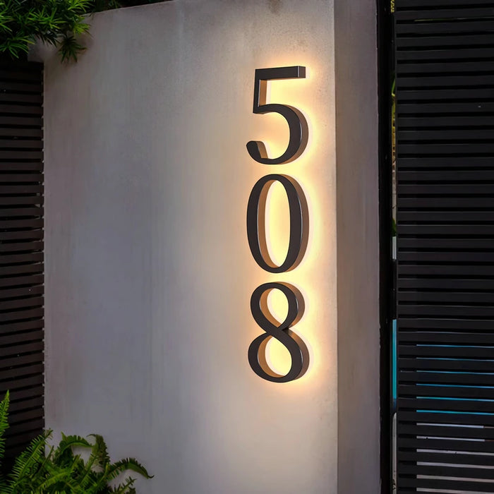 Modern LED backlit house number light in brushed stainless steel and acrylic waterproof illuminated address plaque sign for outdoor home hotel and commercial use multiple sizes and light colors