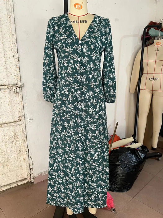 Women’s V-Neck Floral Maxi Dress – High-Waist Slit for Effortless Boho Chic - Samanta Factory