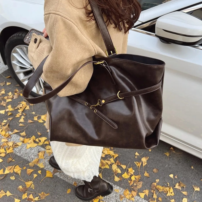Vintage PU Leather Shoulder Tote – Soft Casual Bag with Lock Closure - Samanta Factory