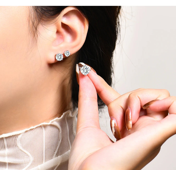 D-color VVS1 round moissanite stud earrings in 925 sterling silver