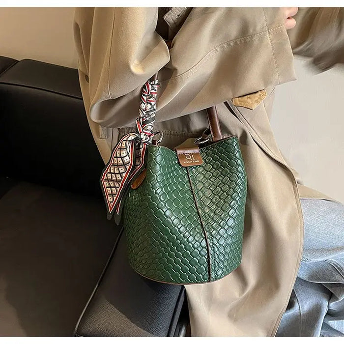 PU Leather Knitted Bucket Bag – Soft Casual Messenger Handbag for Women - Samanta Factory