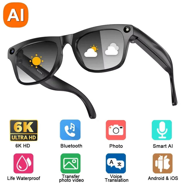AI Smart Glasses with 6K Camera & Translation – Bluetooth Calling Music Photochromic Eyewear SF