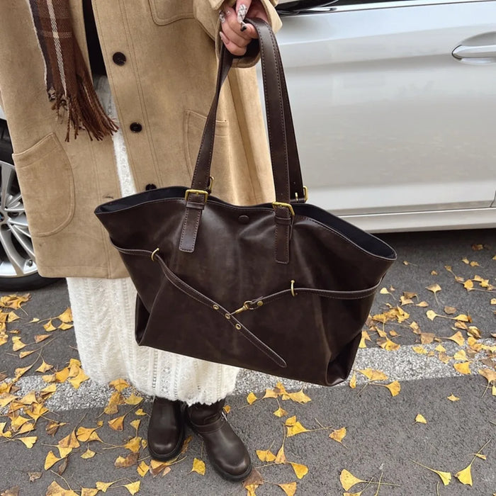 Vintage PU Leather Shoulder Tote – Soft Casual Bag with Lock Closure - Samanta Factory
