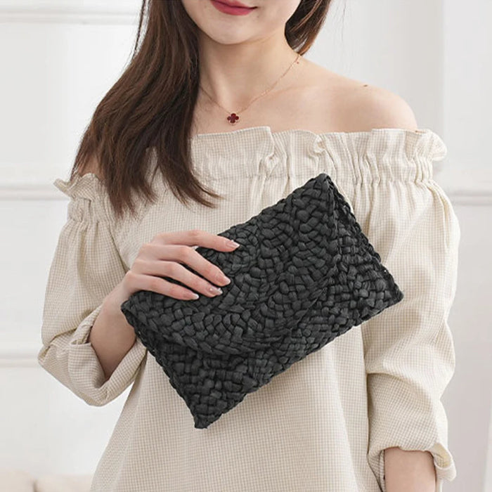 Boho Straw Flap Bag for Women – Hard Shell Summer Handbag with Cover Closure