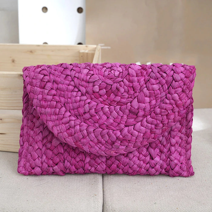 Boho Straw Flap Bag for Women – Hard Shell Summer Handbag with Cover Closure
