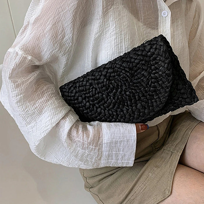 Boho Straw Flap Bag for Women – Hard Shell Woven Handbag for Summer Outings