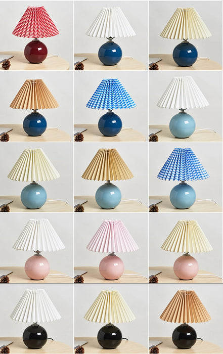 Korean Table Lamp – Vintage Pleated Fabric Shade with Ceramic Base