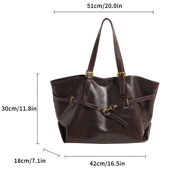 Vintage PU Leather Shoulder Tote – Soft Casual Bag with Lock Closure - Samanta Factory