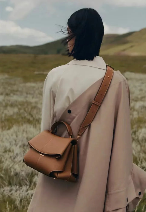 European Style Shoulder Handbag-Pleated Cowhide Leather Designer Crossbody Bag for Women