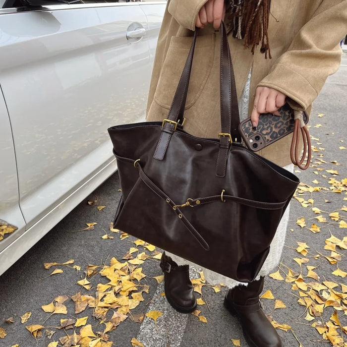 Vintage PU Leather Shoulder Tote – Soft Casual Bag with Lock Closure - Samanta Factory