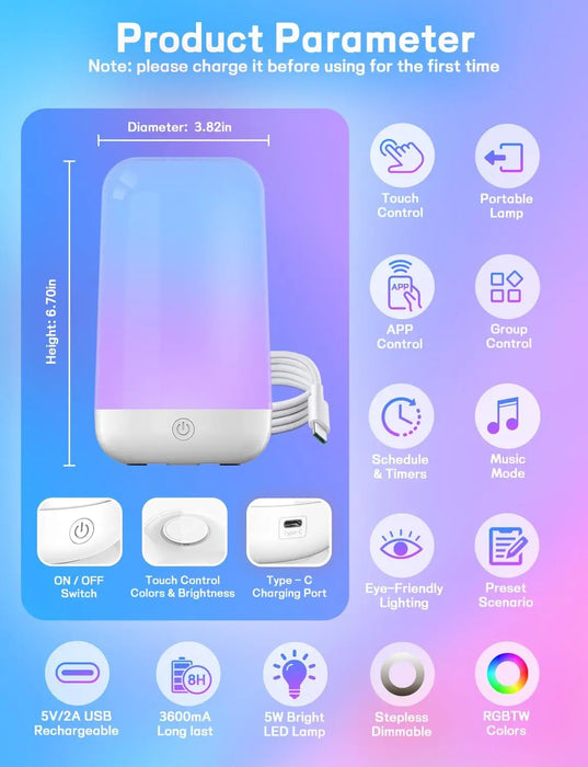 Smart RGB Night Light Lamp – Touch Control with App