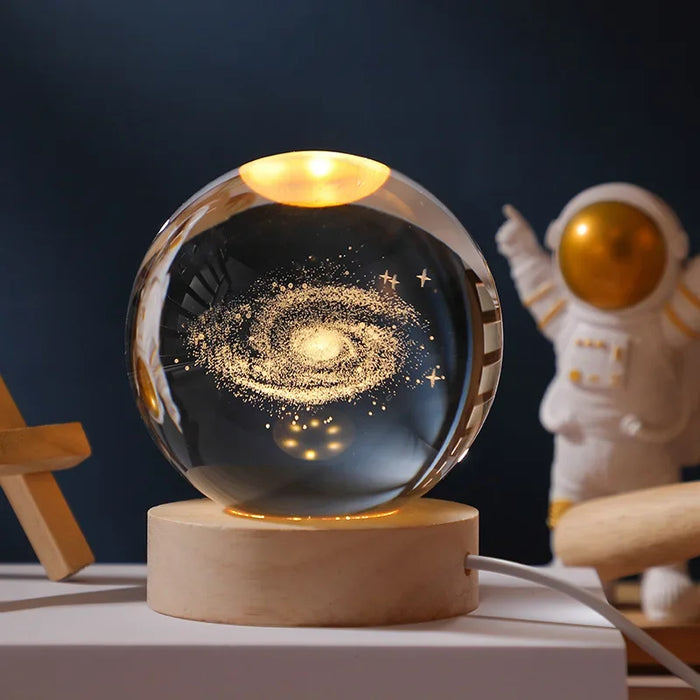3D Crystal Solar System Night Light – Laser-Engraved Planet Globe with Wooden Base