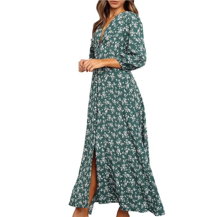 Women’s V-Neck Floral Maxi Dress – High-Waist Slit for Effortless Boho Chic - Samanta Factory
