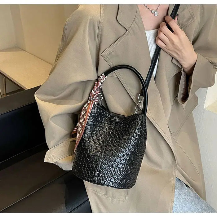 PU Leather Knitted Bucket Bag – Soft Casual Messenger Handbag for Women - Samanta Factory