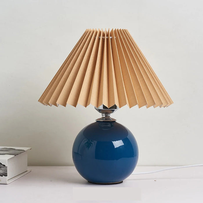Korean Table Lamp – Vintage Pleated Fabric Shade with Ceramic Base