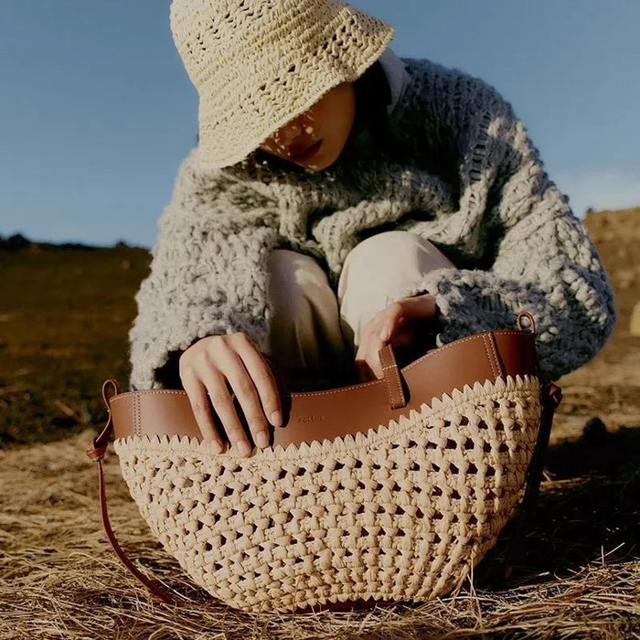 Women's Woven Straw Tote Bag – Large Capacity Beach Handbag & Casual Shoulder Bag SF