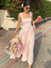 Woman wearing Chin.Sweety ankle-length slim fit camisole dress with square neckline and spaghetti straps