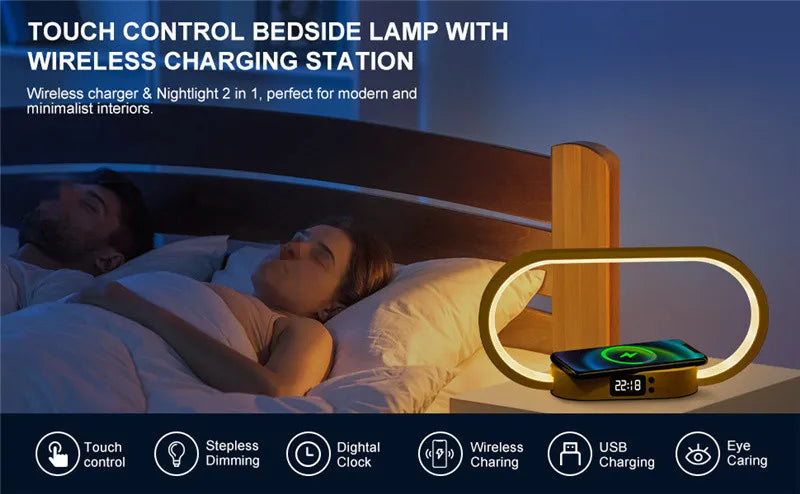 Dimmable LED Bedside Lamp – Touch Control with Wireless Charging & Clock Display - Samanta Factory