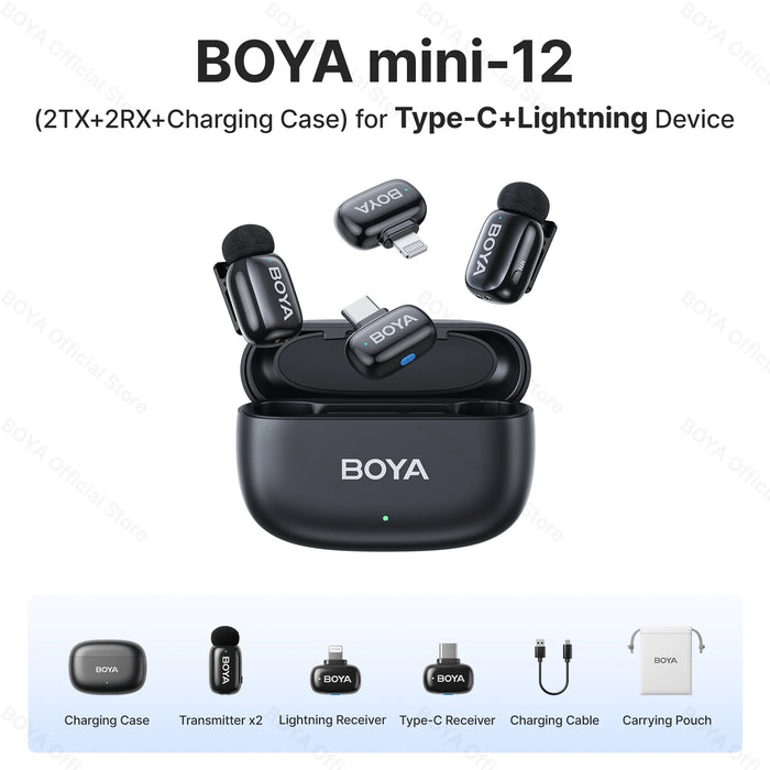BOYA Mini Wireless Microphone – 2.4GHz Lavalier Mic with Charging Case for iPhone & Android