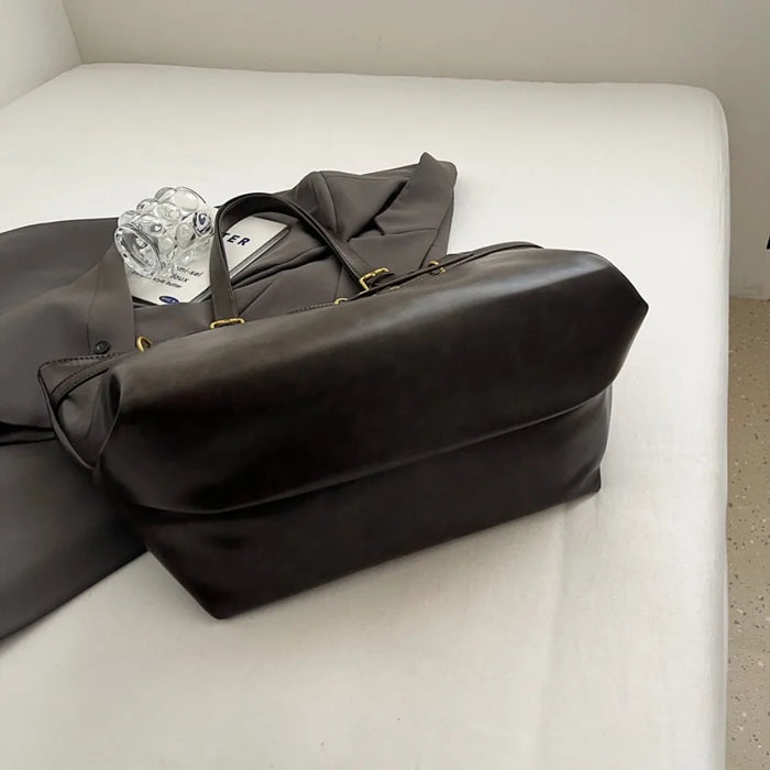 Vintage PU Leather Shoulder Tote – Soft Casual Bag with Lock Closure - Samanta Factory