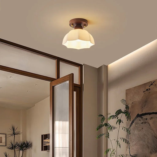 “Modern glass and wood LED ceiling lamp for bedrooms, living rooms, and office spaces”