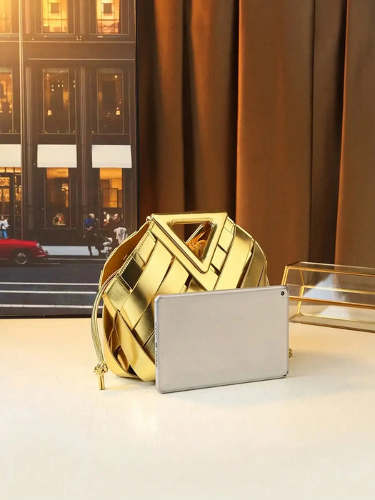 Woven Design Women Handbag, Tote Basket Bag, High-End Niche Inverted Triangle Shaped Fashion Commuter Bag, Casual Style SF