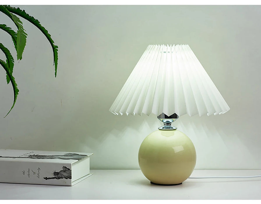 Korean Table Lamp – Vintage Pleated Fabric Shade with Ceramic Base