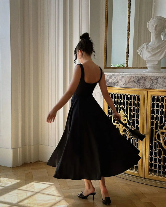 A-line Strap Long Dress – Square Neck & Backless Design