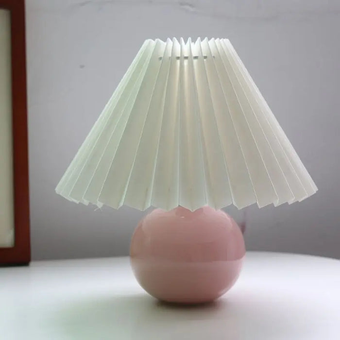 Korean Table Lamp – Vintage Pleated Fabric Shade with Ceramic Base